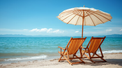 Two wooden beach chairs with striped cushions under a white umbrella face the calm blue sea on a sunny tropical beach, perfect for a relaxing vacation.