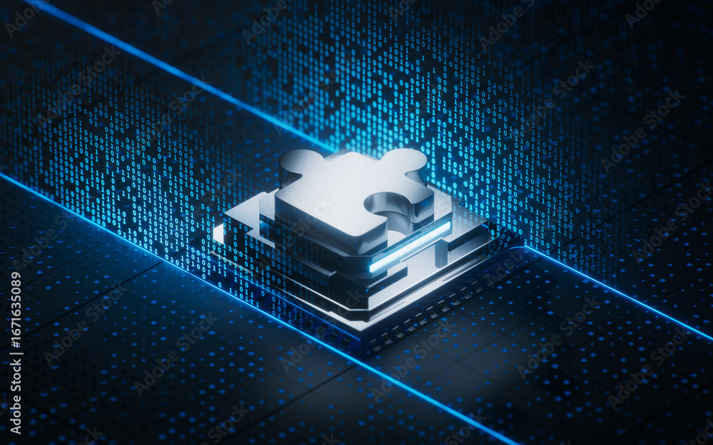 Poster circuit board with business puzzle on the core, 3d rendering.