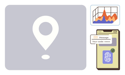 Location pin icon, smartphone with biometric and code-based authentication, and a data chart. Ideal for security, analytics, location, technology, authentication mobility modern apps. Simple flat