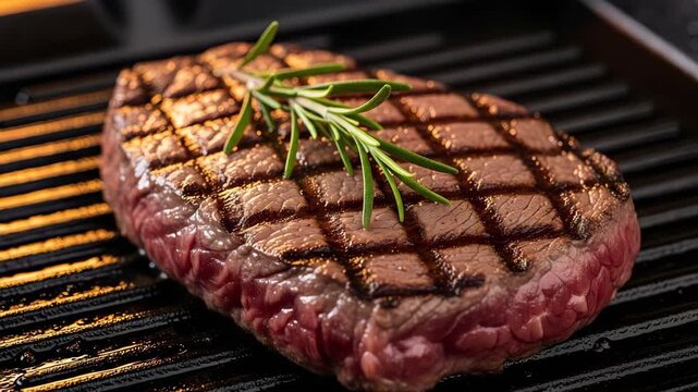 Perfectly grilled beef steak with rosemary on a cast iron griddle, showcasing delicious char marks and juicy texture, a gourmet delight