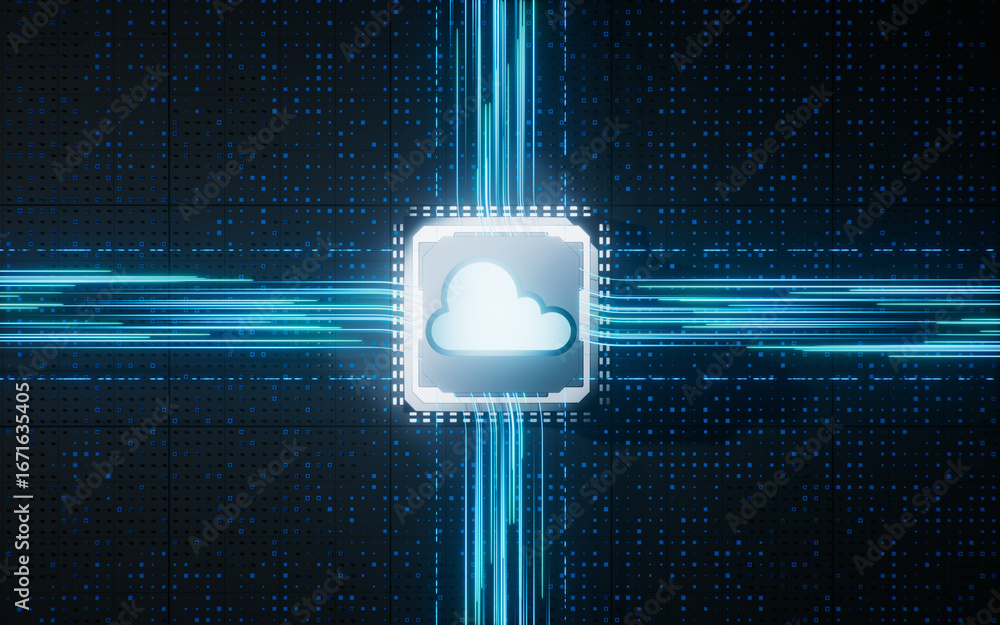 Poster circuit board and core with cloud computing concept, 3d rendering.