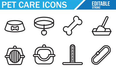 Line Art Icons Representing Pet Care Products like Bowls, Bones, and Litter Boxes