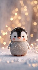 Obraz premium Cute penguin figurine, snowy bokeh background
