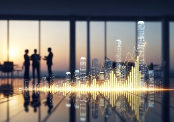 Futuristic cityscape with glowing financial data charts and business people silhouettes in modern office with city view at sunset
