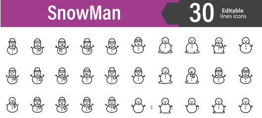 Snowman Line Icons Set, Winter Holiday, Christmas Decoration, Snow Play, Seasonal Celebration, Editable Formats: AI, EPS, JPG, PNG, Ideal for Both Digital and Print Use
