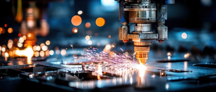 A CNC machine cuts metal with precision, emitting bright sparks in a high-tech industrial manufacturing environment