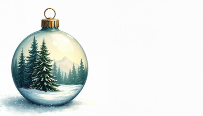 Christmas ornament depicting snowy pine trees in winter landscape  