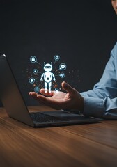 A person holding a digital robot hologram, interacting with technology and data.