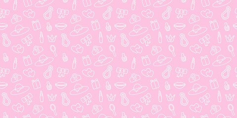 seamless, pink pattern. Pattern with contour details for a girl. Shoes, lipstick, earrings, glasses, jewelry, heart. Print on textiles, paper, banner. art cute illustration.