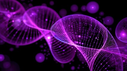 Abstract pink DNA strands intertwine against a dark backdrop, dotted with glowing orbs