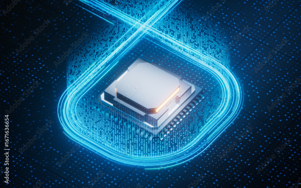Aufkleber technology circuit board and core, 3d rendering.