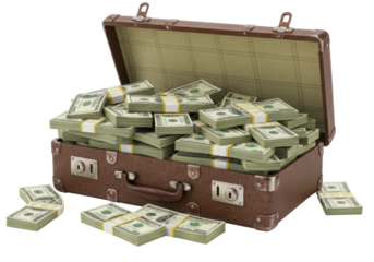 Isolated suitcase filled with stacks of money, illegal cash, open lid, plenty of wealth