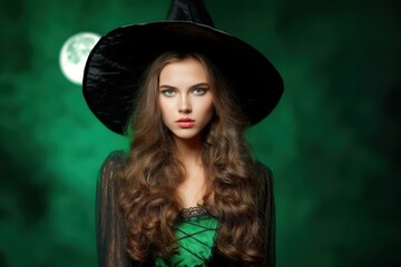 A young woman in a classic witch costume with a black hat stands before a green background and a full moon