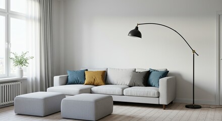 Modern living room with comfortable sofa and stylish arc floor lamp