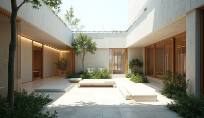 Contemporary courtyard architecture showcases a minimalist design that emphasizes natural light, creating a tranquil and serene outdoor environment