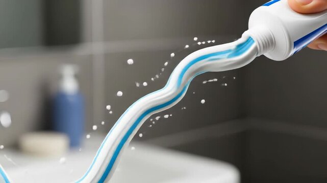 Toothpaste flowing from tube, in bathroom setting, for dental hygiene promotion