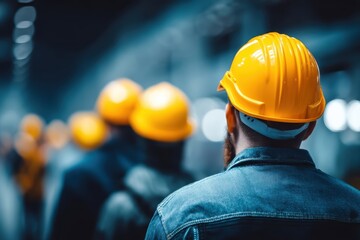 Construction workers wearing yellow hard hats stand in a row, focusing on safety in an industrial environment