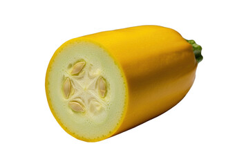 Yellow summer squash, freshly cut, showing pale green interior with seeds, glistening skin, on transparent, dramatic studio lighting, ultra close-up macro, concept of organic beauty