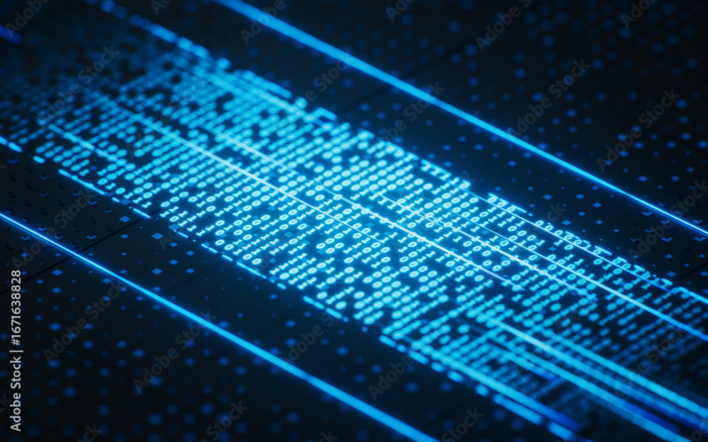 Fototapete technology circuit board with glowing binary data, 3d rendering.