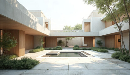 Contemporary courtyard architecture showcases a minimalist design that emphasizes natural light, creating a tranquil and serene outdoor environment