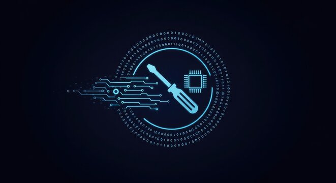 Digital illustration of a screwdriver and computer chip, symbolizing technology repair and IT support on a dark background.