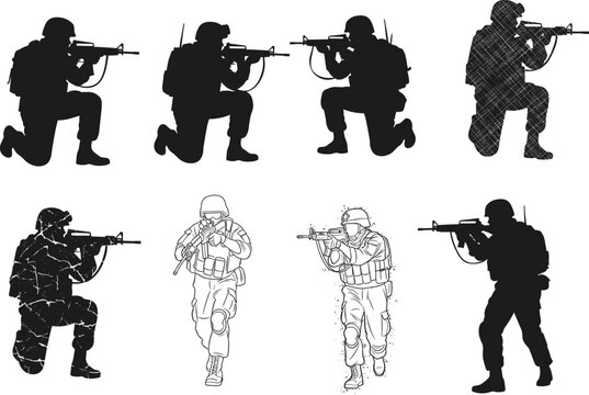 Military soldier silhouette and line art vector set, tactical combat poses with rifles, kneeling, running, aiming, modern army design