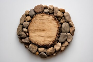 A circular wooden tree stump, edged with various sized stones, sits against a plain background.