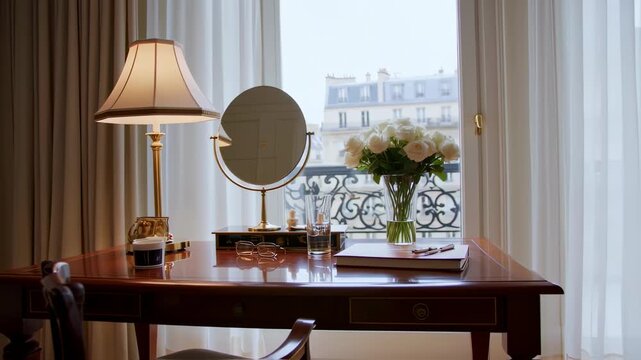 Elegant Paris apartment scene featuring a vintage desk adorned with flowers and a mirror