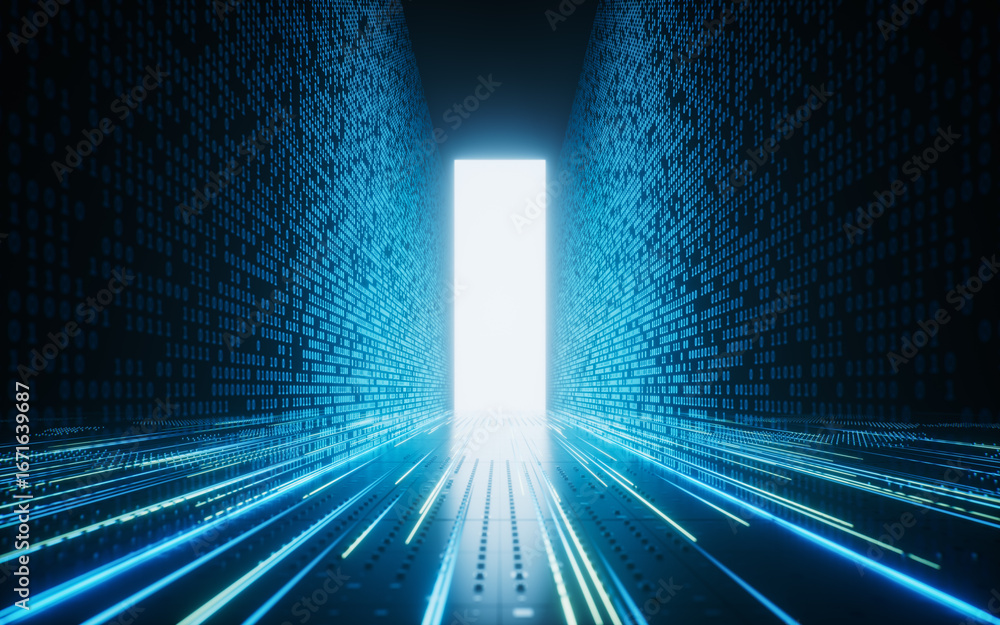Poster glowing binary data tunnel background, 3d rendering.