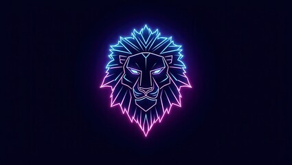 A stylized neon lion's head, outlined in vibrant pink and blue hues, against a dark background.