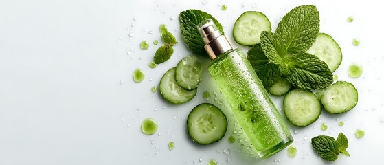 Pure green cucumber mint skincare on clean white background  
