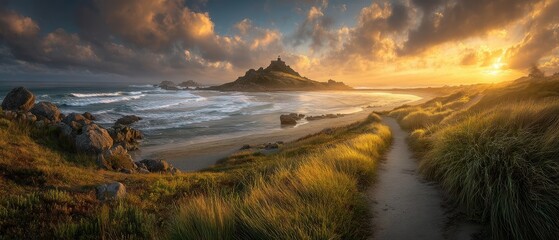 A winding coastal path leads to a castle-topped island at sunset, with dramatic clouds, golden light, crashing waves, and lush green grass