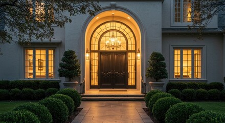 Elegant arched entryway with warm interior lighting and manicured landscaping