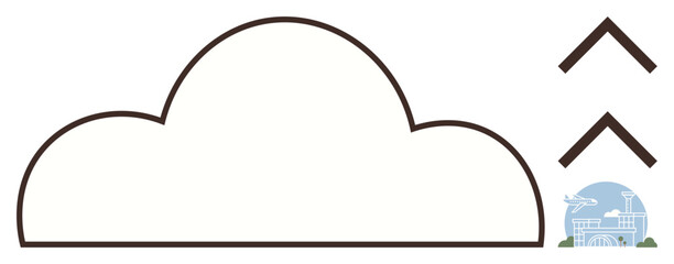 Minimalist cloud outline alongside upward arrows symbolizing progress, innovation, and connection. Small travel-related icon in the corner enhances global communication, infrastructure. Ideal