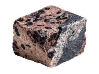 Close-up of a cubic rock specimen.  Dark and light-brown minerals intermingled, creating a patterned surface.  A visible fracture runs through the center