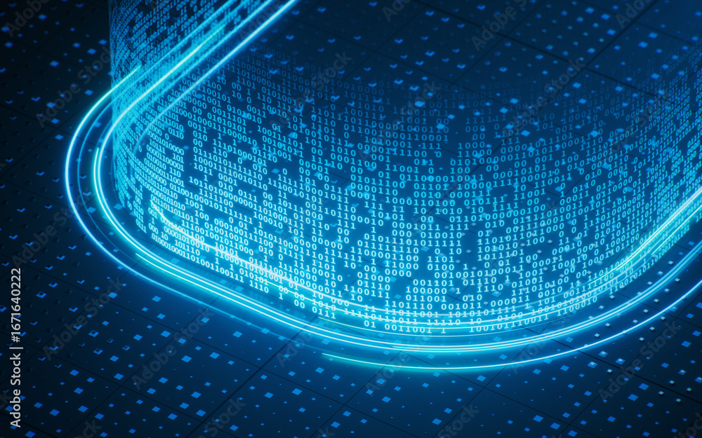 Fototapete flowing neon lines with binary data background, 3d rendering.