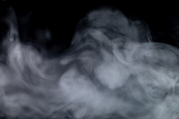 White Smoke Curves on Dark Backdrop, Soft Misty Vapor, Abstract Swirling Lines, Artistic Light Smoke Movement Over Black