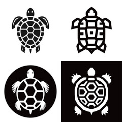 Obraz premium Different turtle silhouettes are displayed in black and white, featuring distinct designs. The collection includes circular and rectangular shapes highlighting turtle attributes.