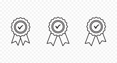 Badge with ribbon icon collection. Ribbon, Badges with star, Tick mark symbol. Certified badge icon on transparent background. Approved or certified medal icon. Qualification certificate medal. eps 10