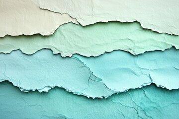 Fototapeta premium Layered torn paper pieces create a textured, cool-toned, abstract design with a tranquil feel.