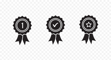 Badge with ribbon icon collection. Ribbon, Badges with star, Tick mark symbol. Certified badge icon on transparent background. Approved or certified medal icon. Qualification certificate medal. eps 10