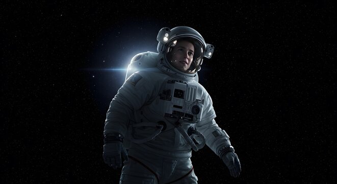 Astronaut Wearing White Space Suit Floating in Dark Outer Space