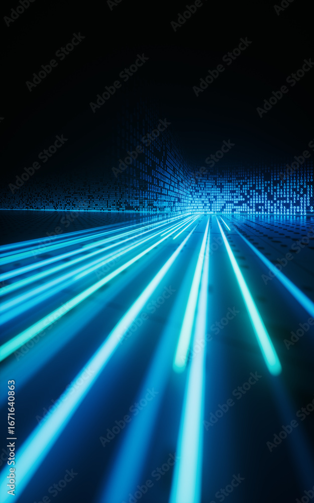 Poster flowing neon lines with binary data background, 3d rendering.