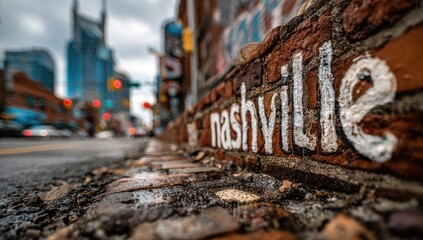 Urban brick wall with "Nashville" painted in white.  City street scene in the background