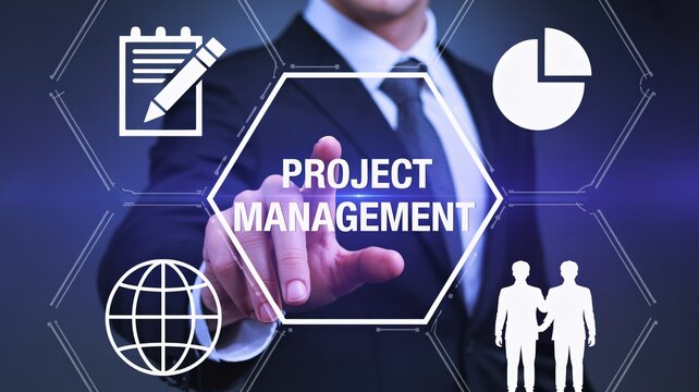 Businessman's hand touching Project Management concept with digital icons