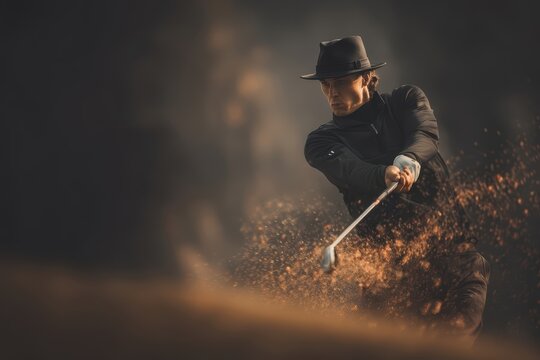 A focused golfer in a black hat swings a club, sending sand flying dramatically from a bunker on a dimly lit course