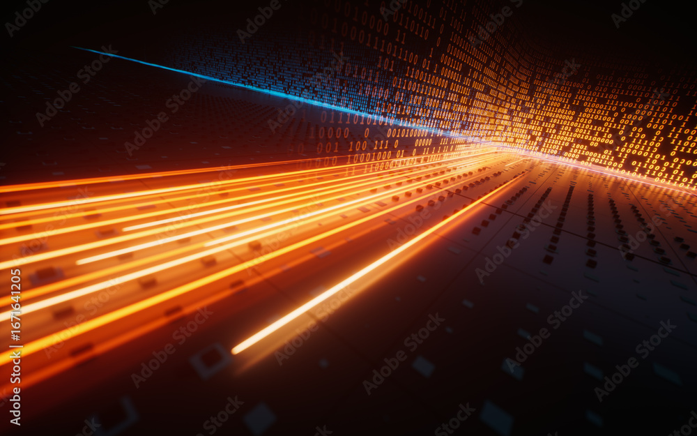 Fototapete flowing neon lines with binary data background, 3d rendering.