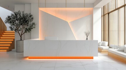 Modern lobby with marble counter, lighted steps, and plant accent