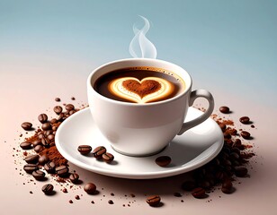 Steaming cup of coffee with heart-shaped latte art, surrounded by coffee beans and grounds