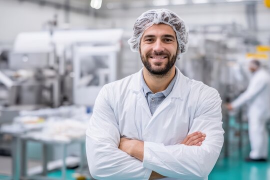 Smiling worker in protective clothing stands confidently in a modern food processing factory with industrial equipment in the background